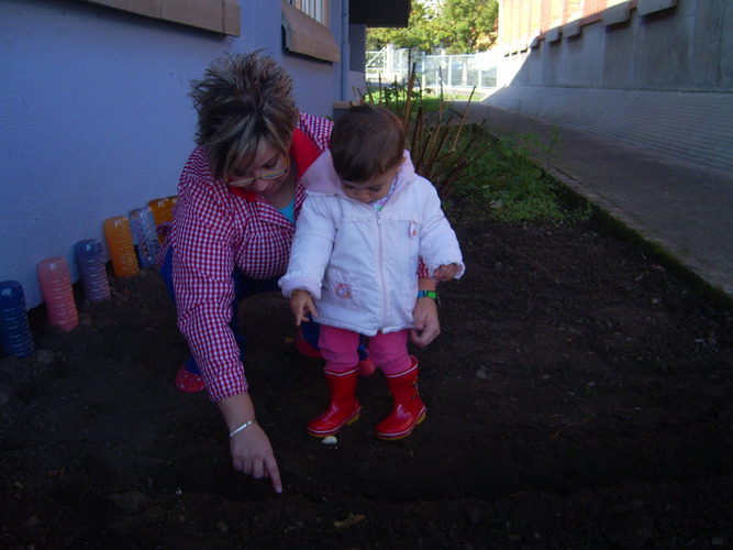 Profesora enseñando a una niña a plantar semillas en un huerto.