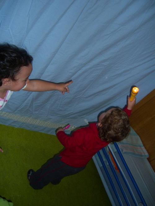 Niños jugando con una linterna.