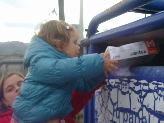 Profesora ayudando a una niña a introducir cartones en un contenedor de reciclaje.