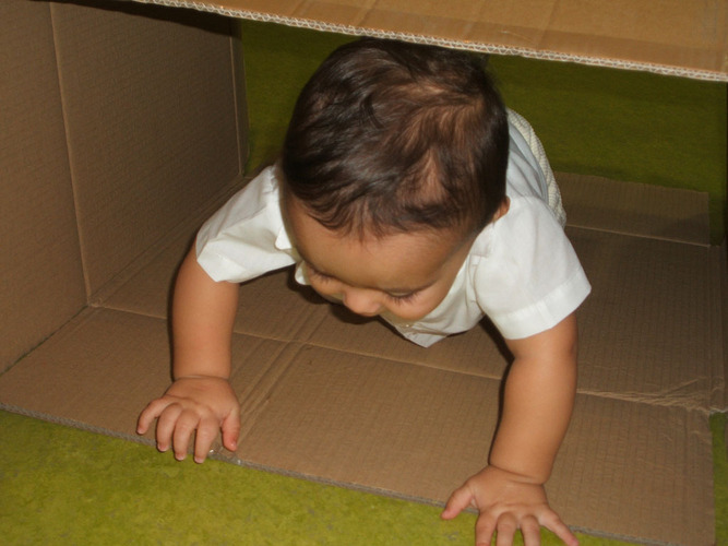 Niño atravesando una caja de cartón.