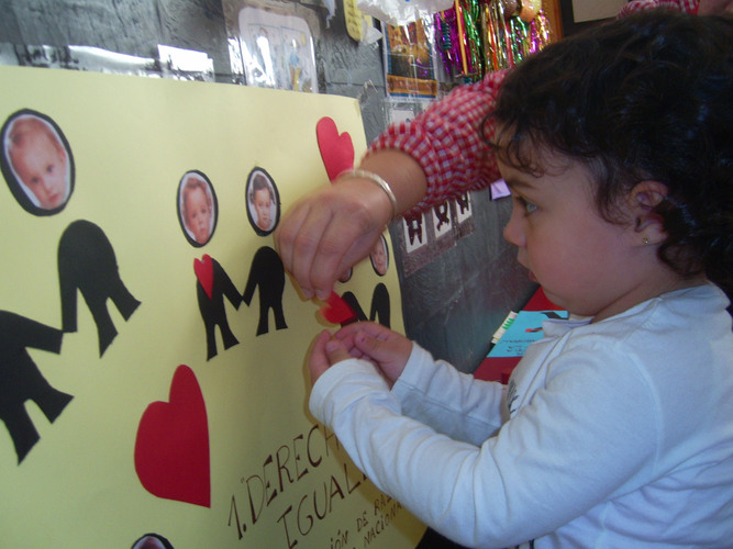 Profesora dandole un corazón a una niña que mira el monigote del cartel donde tiene que situarlo.