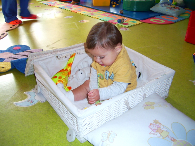 Niño pequeño metido en una cesta con peluches.