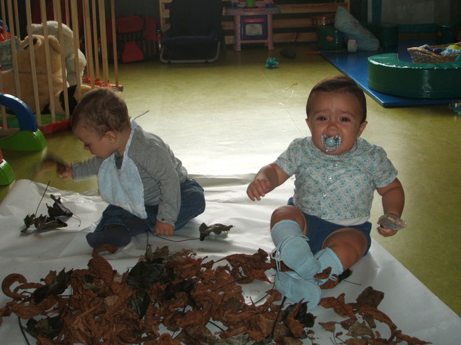 Dos niños muy pequeños junto a un montón de hojas de árbol, uno de ellos está llorando.