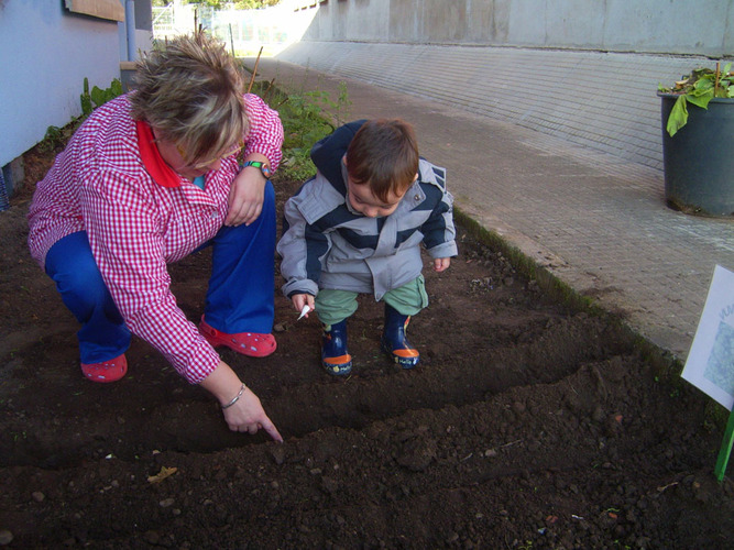 Profesora enseñando a un niño a plantar semillas en un huerto.