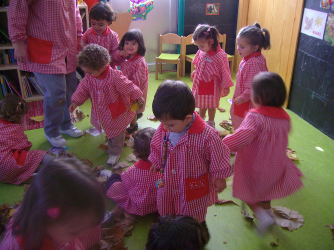 Niños jugando con hojas de árboles.