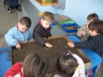 Niños plantando semillas en una gran bandeja con tierra