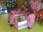 Varios niños alrededor de una mesa con plantas