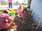 Varios niños moviendo la tierra en un huerto dentro del colegio